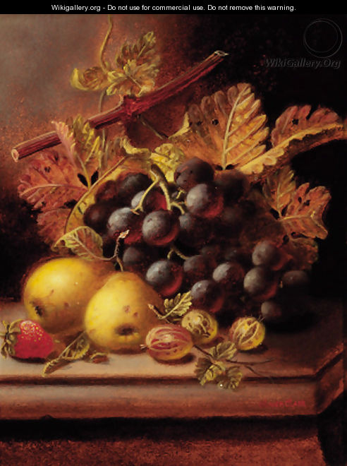 Grapes, apples, gooseberries, and a strawberry on a ledge - Oliver Clare