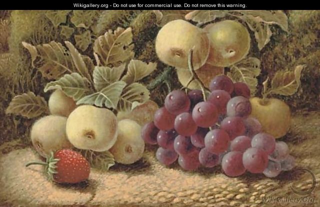 Apples, grapes and a strawberry, on a mossy bank - Oliver Clare