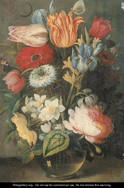 Tulips, roses, lilies, irises and other flowers in a glass vase on a ledge with butterflies - Osias, the Elder Beert