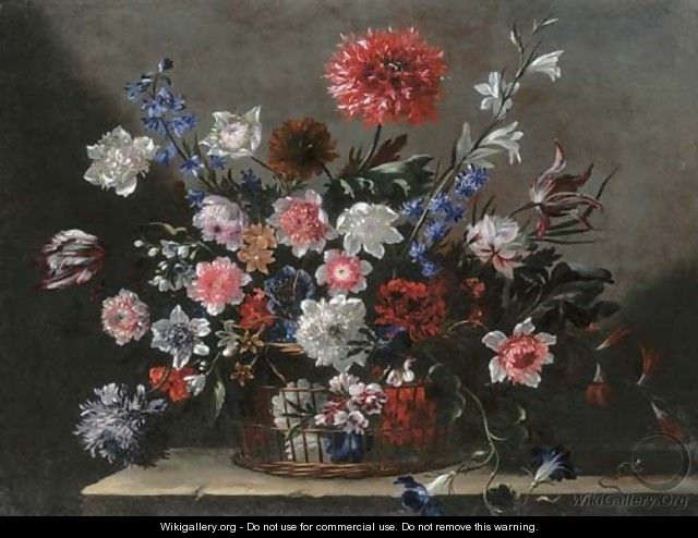 Poppies, tulips, morning glory and other flowers in a basket on a stone ledge - Nicolas Baudesson