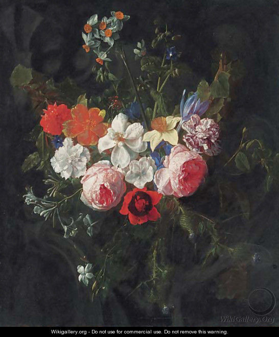 A swag of roses, carnations, narcissi, harebells, thistles, a poppy, a daffodil, a crocus, and other flowers hanging before a stone cartouche - Nicolaes van Veerendael