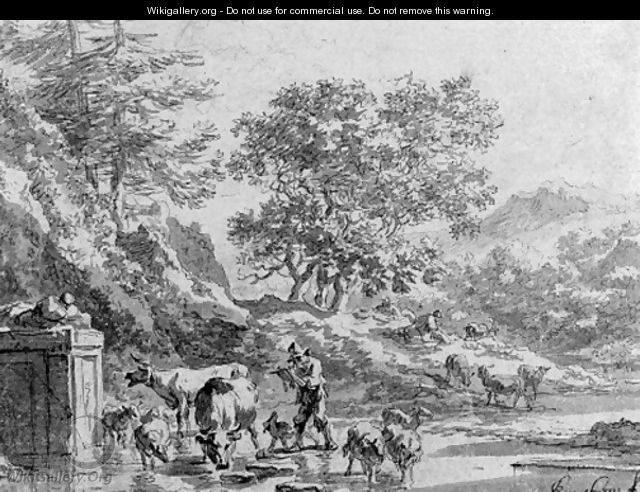 An italianate landscape with herdsman at the fountain - Nicolaes Berchem