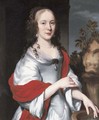 Portrait of lady, three-quarter-length, in a satin dress with a red shawl, by a fountain - Nicolaes Maes