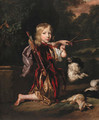 Portrait of a youth, small full-length kneeling, in classical style costume, drawing a bow, a dead rabbit beside him, with a spaniel - Nicolaes Maes