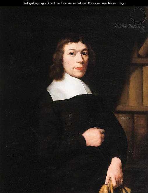 Portrait of a young man, standing three quarter length by a bookcase, wearing dark costume and a lace collar, holding gloves - Nicolaes Maes