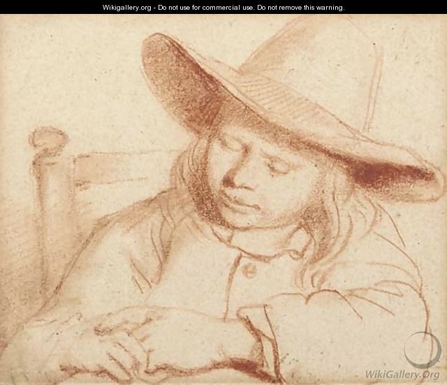 Portrait of a boy seated at a table sleeping - Nicolaes Maes