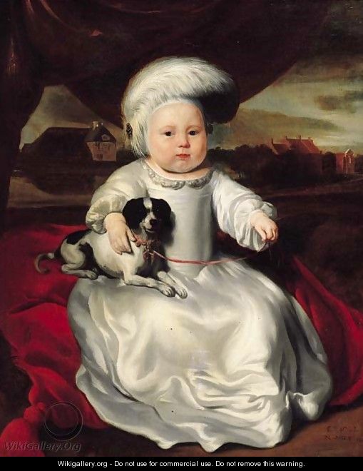 Portrait of a baby boy, seated on a cushion by a draped curtain, wearing a white satin dress and feathered hat, a pet dog on his lap - Nicolaes Maes