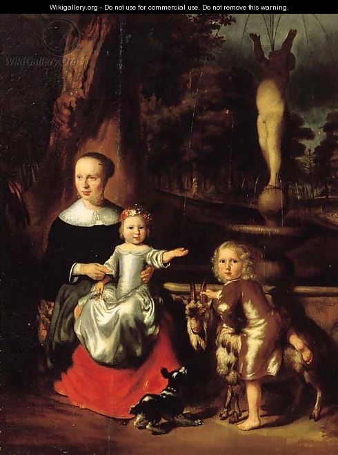A group portrait of a mother and her two children by a fountain in a park she seated small full length - Nicolaes Maes