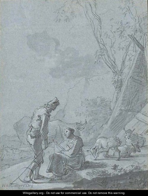 A young shepherd and shepherdess in a landscape with a flock - Nicolaes Berchem