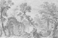 A wooded landscape with a ruined garden wall with a niche - Nicolas-Charles De Silvestre