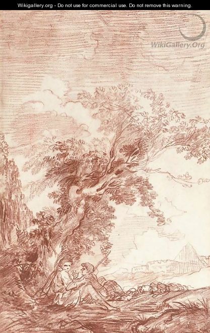 Two shepherds sitting under a tree in a landscape - Nicolas-Charles De Silvestre