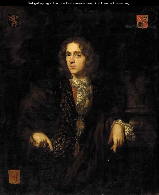 Portrait of Johannes Bouwens (1663-1720), half-length, in a brown jacket and an embroidered waistcoat, his left arm resting on the base of a column - Nicolaes Maes