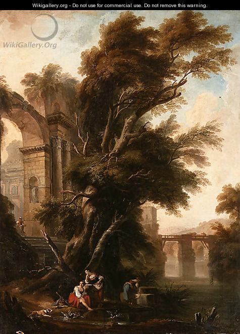 A Classical Landscape with Washerwomen beside Ruins on a Riverbank, a Bridge beyond - Nicolas Lavreince