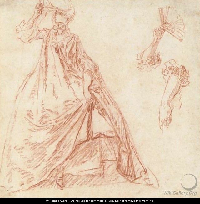 A lady holding a fan, with subsidiary studies of her arms - Nicolas Lancret