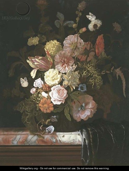 Roses, peonies, tulips and other flowers, in a glass bowl standing on a veined marble slab, the corner which is covered in a plum-colored silk drapery - Nicolaes Lachtropius