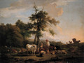 A cowherd and a shepherdess on a riverbank, in a Italianate landscape - Nicolas Henri Joseph De Fassin