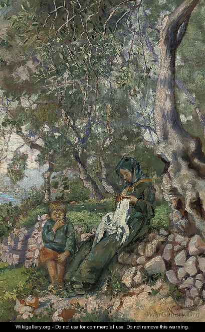 A mother and son by an olive grove before the sea - Nicolo Cannicci