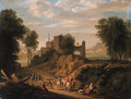 Rhenish landscapes with travellers and peasants on sandy tracks, classical buildings beyond - Norbert Joseph Carl Grund
