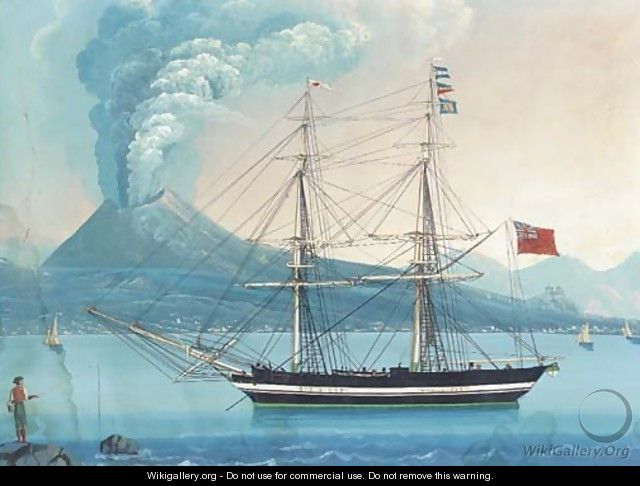 An English merchantman lying at anchor in the Bay of Naples with Vesuvius erupting beyond (illustrated) - Neapolitan School