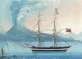 An English merchantman lying at anchor in the Bay of Naples with Vesuvius erupting beyond (illustrated) - Neapolitan School