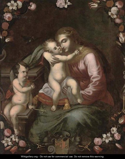 The Madonna and Child with the Infant Saint John the Baptist surrounded by a floral cartouche - Neapolitan School