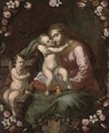 The Madonna and Child with the Infant Saint John the Baptist surrounded by a floral cartouche - Neapolitan School