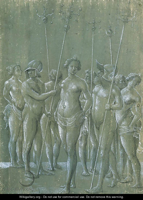 Five nude soldiers holding poles, two wearing a helmet, and three nude women - Netherlandish School