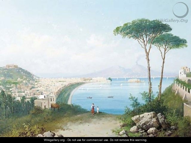 View of Naples with Mount Vesuvius beyond - Neopolitan School