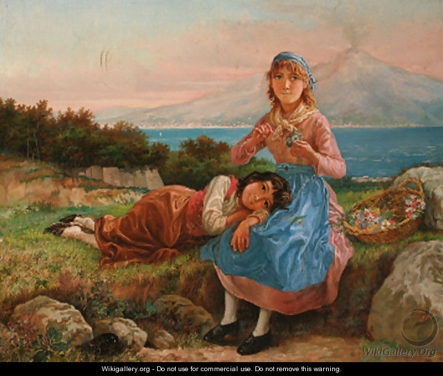 Two girls resting on a bank with a basket of flowers, Vesuvius and the bay of Naples beyond - Neopolitan School