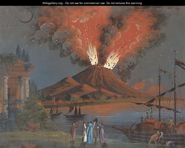 Travellers on the Grand Tour observing the eruption of Vesuvius - Neapolitan School