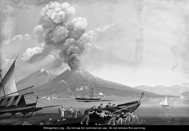 A view of the eruption of Mount Vesuvius in 1834 with fisherman launching a skiff - Neapolitan School