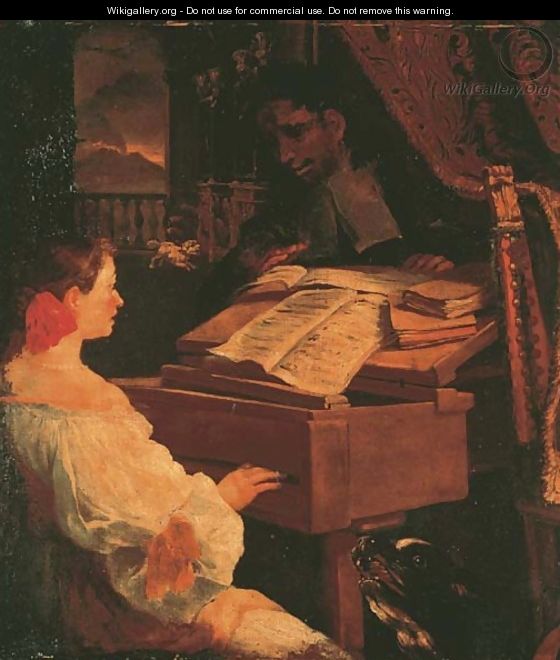 An elegant lady playing the harpsichord, with a view of Mount Vesuvius beyond - Neapolitan School