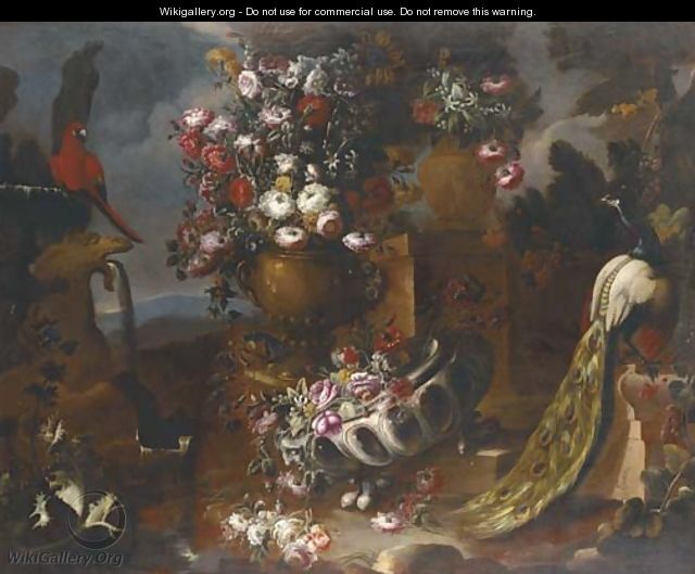 Roses, carnations, poppies, morning glory, asters and other flowers in two urns - Nicola Casissa
