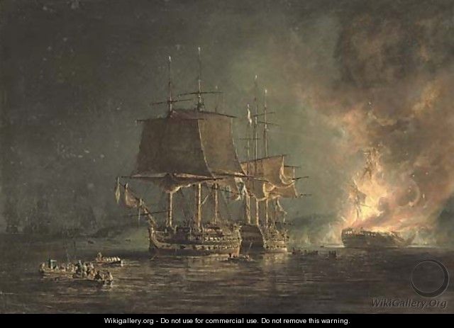 The burning of the Russian 74-gun Sewolod after she had been engaged and silenced by H.M.S. Implacable, Captain T. Byam Martin, in the Baltic - Nicholas Pocock