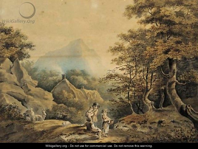 Children leading a ram in a wooded landscape; and Figures and goats resting by the wayside in a wooded landscape - Nicholas Pocock