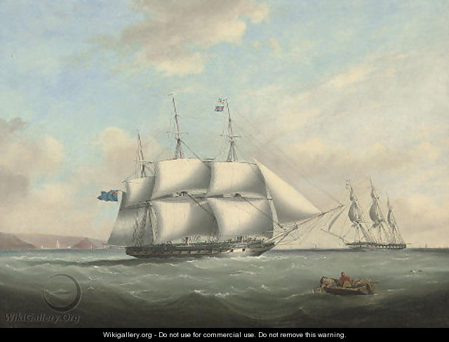 H.M.S. Pique emerging from Plymouth Sound and exchanging signals with an in-bound frigate off her port bow - Nicholas Condy