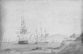 A British frigate getting under way off a Chilean fortress, a British two-decker and a French frigate anchored nearby - Nicholas Condy