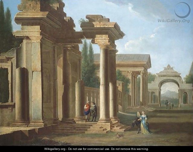 A capriccio of classical ruins with elegant figures promenading - Niccolo Codazzi
