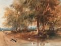 A woodland scene with a dog chasing ducks - Newton Fielding