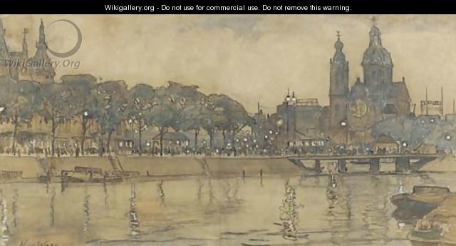 Central station and the St Nicolaas church, Amsterdam, in the evening - Nicolaas Van Der Waay