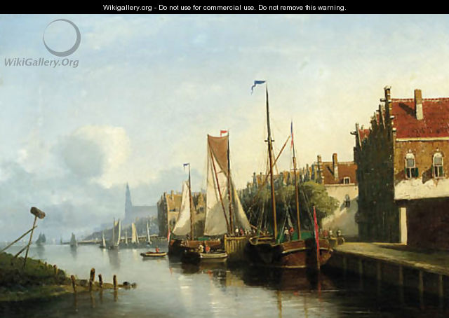Sailingvessel along a quay, a church towering in the distance - Nicolaas Riegen