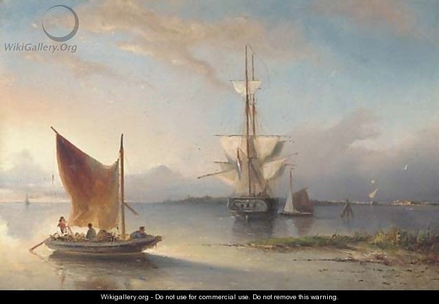 A Dutch merchantman drying her sails in the estuary - Nicolaas Riegen