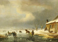 Skaters on a frozen waterway, a town in the distance - Nicolaas Johannes Roosenboom