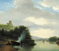 A hilly river landscape with figures along the water making a fire - Nicolaas Johannes Roosenboom