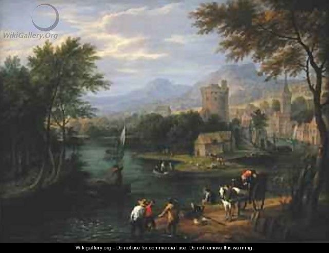 River valley landscape with travellers and fishermen - Boudewyns