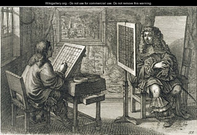 Artist painting a portrait over a grid for accurate proportion - (after) Bosse, Abraham