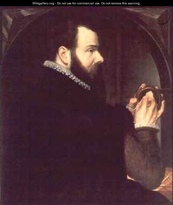 Self portrait holding a wax portrait medallion - Willem van den Broecke