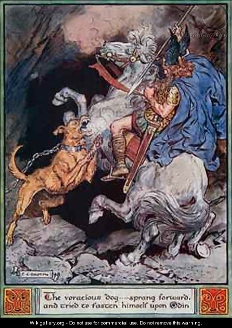The voracious dog...sprang forward and tried to fasten himself upon Odin - Charles Edmund Brock