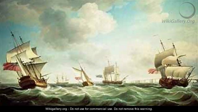 East Indiamen and a smack-rigged Royal Yacht in a breeze off the Downs - Charles Brooking