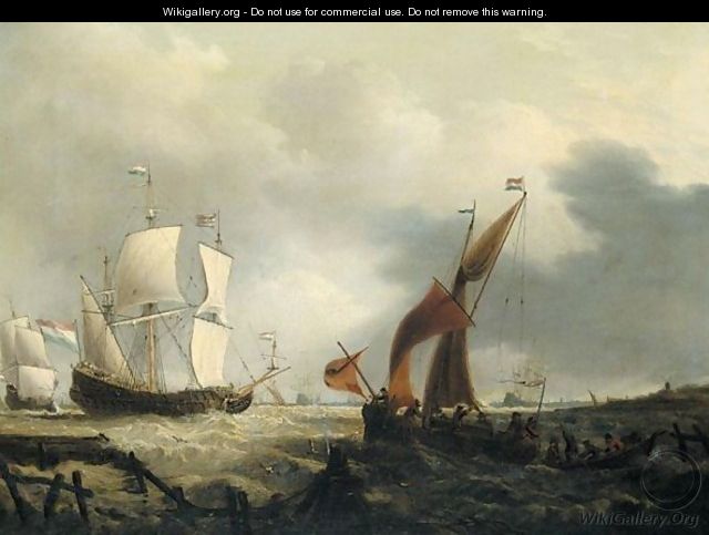 A Dutch Warship And Fishing Boats In A String Wind Off The Dutch Coast - Dutch School